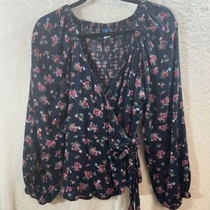 Womens Balloon Sleeve Floral Smocked Back Navy Blue Wrap Top Old Navy Medium